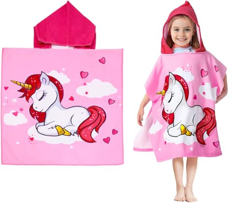 Uryxery Toalla Poncho con Capucha para Niños, Microfibra Suave de Secado Rápido, Poncho Baño Infantil para Ducha y Casa, Diseño Unicornio para Niña, 60×120cm