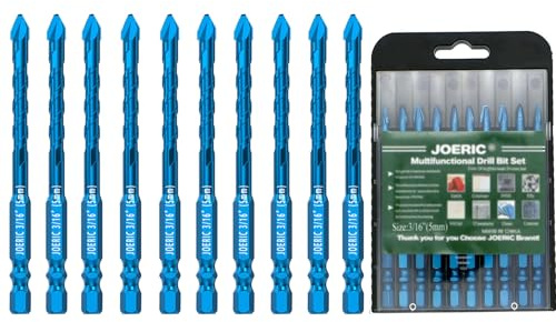 JOERIC 10pc 3/16”(5mm) Eccentric Drill Bit Set, Masonry Drill Bit Sets Concrete Drill Bit for Tile,Glass,Brick,Plastic,Cement,Wood with Storage Case (Blue).