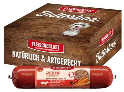 Fleischeslust Salsiccia per cani, manzo tenero con carota, rosa canina e semi di zucca come contenitore per alimenti (8 x 400 g), salsiccia per alimenti umidi, resistente al taglio e senza cereali