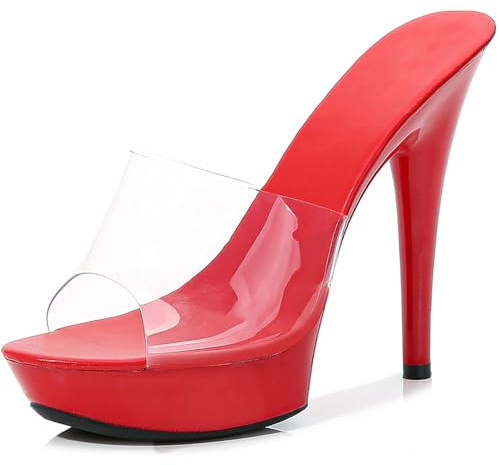 WVBVLO Women Clear Strap Fish Mouth Platform Sky High Heel Sexy Party Slides Fashion Transparent Open Toe 5.11in High Heeled Backless Prom Sandals For Evening Wedding (Red,11)