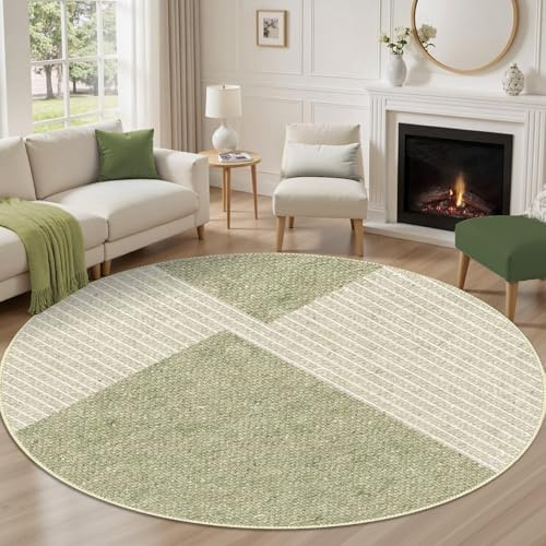 Zhaotingrui Tappeto a pelo corto, per soggiorno, 100 cm, rotondo, verde e crema, lavabile, moderno, motivo geometrico Axisymmetric, antiscivolo, extra morbido, per sala da pranzo e camera da letto