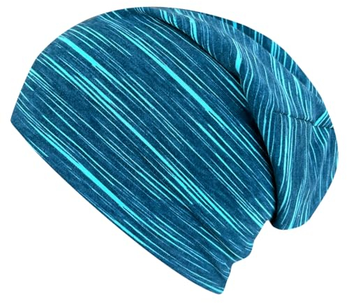 Wollhuhn Kinder Beanie – Zweilagige Longbeanie aus Jersey, wendbar & weich – innen grau – Handmade in Deutschland – ganzjährig (DE/NL/SE/PL, Numerisch, 56, 58, Lines Petrol/Türkis)