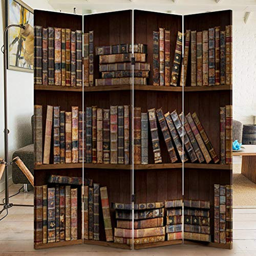 Bakaji Paravento Separè 4 Pannelli Struttura in Legno Rivestimento in Tela Con Stampa Fronte Retro Libreria Antica Divisorio Richiudibile Pieghevole (180x160cm)