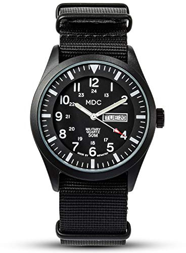 Infantry MDC Mens Military Watch, Stealth Black Tactical Field Watch for Men, 12/24H Military Time Analog Watch with Day Date, Waterproof Work Watch with Black Nylon