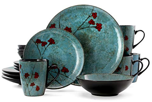 Elama Floral Accents 16 Piece Dinnerware Set in Blue