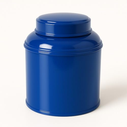 Boîte à thé bleu gentiane empilable 80–100 g – Fer blanc qualité alimentaire | Double couvercle hermétique | Fabriquée en France | Boîte ronde durable pour thé, infusion, épices