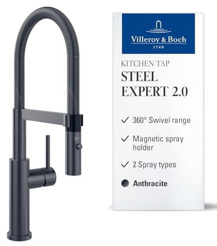 Villeroy & Boch Steel Expert 2.0, grifo de cocina de alta presión con conmutación y caño giratorio con muelle espiral de 360°, flujo laminar, altura del caño 170 mm, acabado cepillado, Anthracite