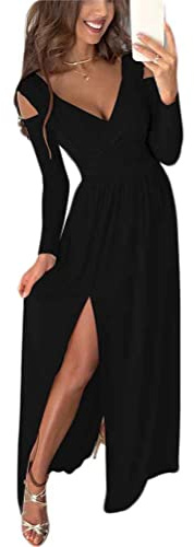 ORANDESIGNE Robe Femme Hiver Chic Longue Couleur Unie Col en V Manche Longue Robe Moulante Soirée Cocktail Dress Asymétrique Fendue Robe Boule A Noir XL