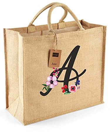 Borsa per la Spesa Juta Shopper Donna con Iniziale Floreale - Lettera A - 100% Juta Laminata