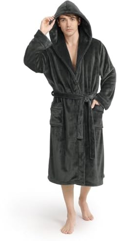 Yurhap Hooded Mens Robe, Cozy Fleece Bathrobe for Men, Plush Robe with Belt