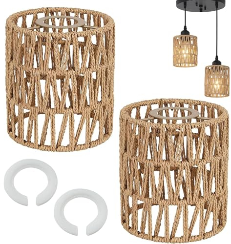 Lampenschirm Boho 2 Stücke Rattan Lampenschirm Korbgeflecht (H 15cm) Tischleuchte Ersatzschirm Zubehör für Deckenleuchten Pendelleuchten Stehlampe Hängelampenschirme