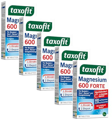 taxofit Magnesium 600 Forte | 5 x30 Tabletten hochdosiertes Magnesium 600mg + Vitamin B1+B6+B12 | Magnesiumoxid & Magnesiumcarbonat | für Muskeln¹, Herz² & Energie⁴ | Magnesium Versorgung für 30 Tage