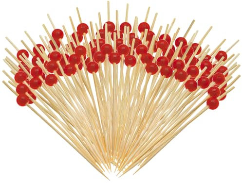 GIKPAX 100 Palillos de cóctel de bambú con Cuentas Rojas para cócteles, Alimentos, Frutas, cócteles, Suministros para Fiestas, Bebidas, bocadillos, Frutas, Hamburguesas (4,7 Pulgadas)