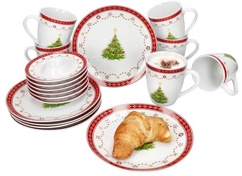 MamboCat Petit-Déjeuner Set 18 Pièces - Rêve de Noël - Porcelaine Blanche avec Accents Rouges - 6 Tasses à Café, 6 Assiettes à Petit-Déjeuner, 6 Coquetiers, Plateau pour 6 Personnes - Décor de Noël