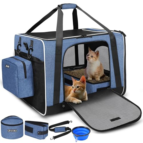 Petskd Extra Large Cat Carrier with Litter Box 24x17x17 for Medium Large Cat or 2 Small Cats, Collapsible Soft Sided Pet Carrier for Car Travel with Lockable Safety Zippers(Blue)