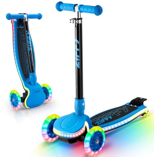 JOVA ZIFFY Kids Scooter for Boys & Girls Features LED Light-Up Wheels, 4 Adjustable Height Handlebars, and Lean-to-Steer Design with Anti-Slip Wide Surface for Stability - Up to 110LBS(Blue)