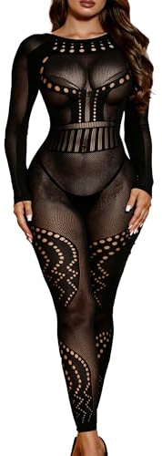 XIUSEMY Womens Lingerie Fishnet Bodystocking Attached Stockings Soft Bodysuit Sexy Nightwear Plus Size(9FGY Black)