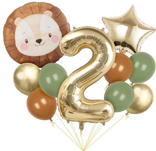 Lejonballonger, nummer 2 safari djurballonger för födelsedagsdekorationer | 11 st original lejon och nummer 2 ballongdesign, djungel safari Wild One 2:a födelsedagsfestdekorationer