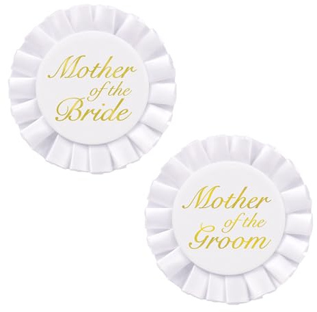 Beistle Mother of the Bride/Groom Satin Button Assortment – 2-Piece Set with Elegant White Rosette Pin-Back Buttons for Wedding Party Recognition, Rehearsal Accessory, 3½