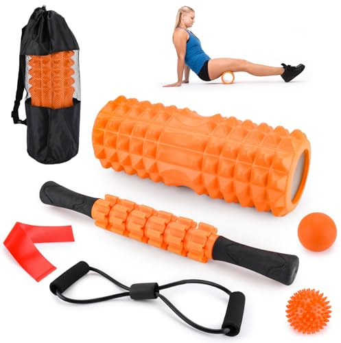 BBWELL Set di Foam Roller 7 in 1,PP/EVA Rullo Massaggio Muscolare,Pallina Massaggiante,Bastone Massaggio,Tenditore,Bande di Resistenza per Stretching Yoga Pilates Rilascio Miofasciale
