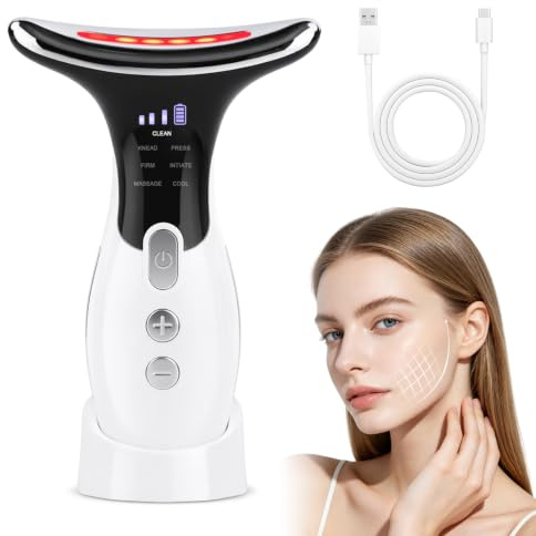 Masajeador Facial y Cuello LED, 7 Modos Cuidado de la Piel, 3 Niveles Intensidad, Calor y Enfriamiento, Dispositivo Masaje Facial Eléctrico para Relajación y Rutina Facial Diaria