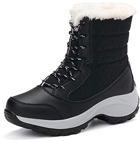 AONEGOLD Stivali da Neve Ciaspolata Donna Scarponi da Ciaspole con Pelliccia Ecologica Stivaletti Inverno Caldo Scarpe con Zeppa Tacco 4Cm (Nero,39 EU)