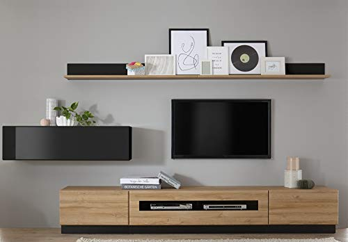 Beauty.Scouts Wohnkombination Ruby II schwarz/Grandson Oak hell Dekor 335x190x38-48cm Wohnzimmermöbel Anbauwand TV-Wand TV-Element Wohnzimmerschrank Stauraum