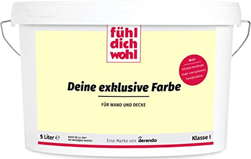 derendo Fühl Dich Wohl Deine Farbe gelb, matte Wandfarbe gelb, hohe Deckkraft, verschiedene Gelbtöne zur Auswahl (5L,Buttergelb E7-21)