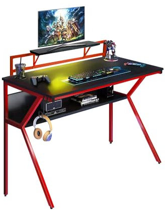 Neo Ergonomic 2 Tier Gaming Gamer Racing Computer Office Desk Table with Headphone Hook Monitor Stand & Shelf (Red)