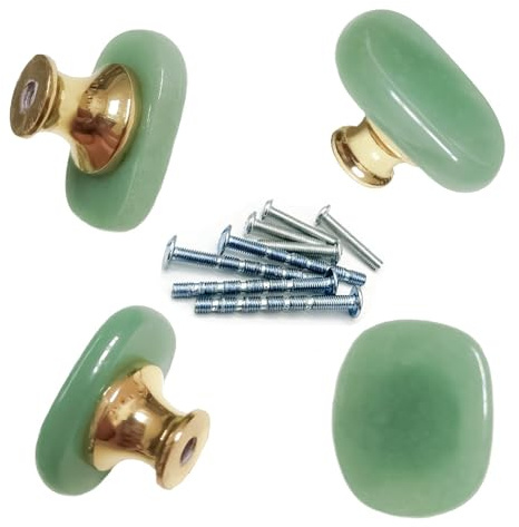 YOUYOUULU 4 pièces de boutons de tiroir en pierre naturelle verte d'aventurine, poignées en pierre pour tiroirs, vert jade, poignées de tirage en laiton, boutons de base pour meubles de cuisine à la