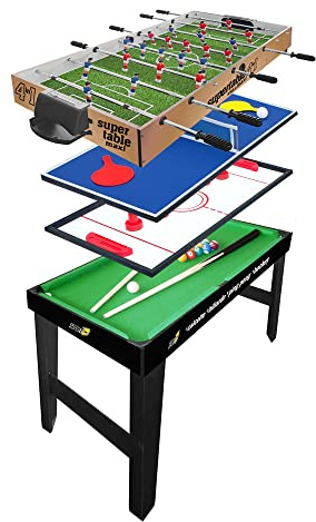 Sport1 Maxi Supertable - Futbolín 4 en 1 (122 x 60 x 81,5 cm), diseño de futbolín, ping pong, hockey, billar, incluye accesorios, idea de regalo
