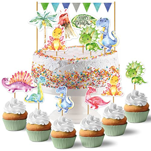 Papierdrachen Cake Topper Dino - Kuchendekoration Kuchen Topper 19-teilig - Decor Pics für Geburtstagskuchen - Kindergeburtstag Tortendeko - Set 4
