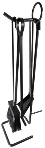 Set Attrezzi da Camino, 5 Accessori, Base Portutensili con Paletta, Pinza, Attizzatoio, Spazzola, In Ferro Battuto, cm. 13,5x13,5x52 h, Nero - MADE IN ITALY