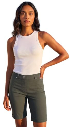 Roman Stretch Shorts for Women UK Ladies Pull On Turned Hem Cut Off Bengaline Mom Boyfriend Boy Denim Casual Cropped Pants Capri Slim Fit Turn Up Summer Crops Mother - Forest - Size 14