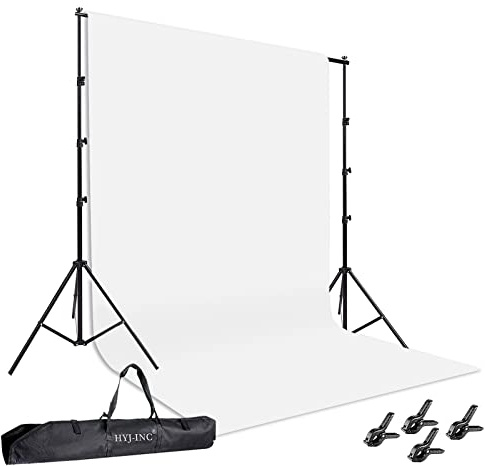 HYJ-INC Photo Background Support System with 8.5 x 10ft Backdrop Stand Kit, 100% White Cotton Muslin Backdrop,Clamp, Carry Bag for Photography Video Studio