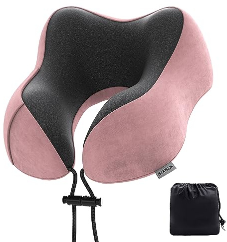 Senders Travel Pillow Memory Foam Neck Pillow Lightweight Quick Pack for Airplane Train Car Neck Support Pillow for Travel Camping (Pink)