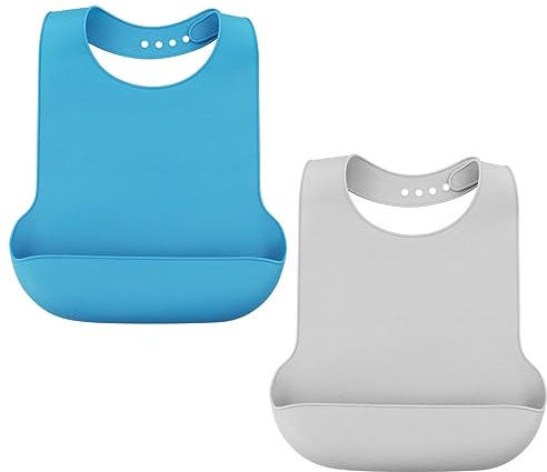 LWMLWM Bavoirs Lavables en Silicone pour Adultes, Dossards Réutilisables pour Adultes Bavoirs Imperméables pour Hommes Femmes Âgés et Handicapés (2, Bleu & Gris)