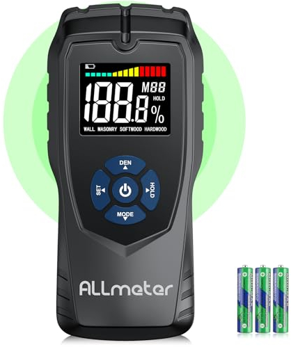 ALLmeter Detector de Humedad sin Pin, Medidor Profesional 0-50 mm para Paredes, Madera Blanda/Dura, Pantalla LCD, Alarma Sonora, 4 Modos de Medición, Precisión y Versatilidad en un Solo Equipo