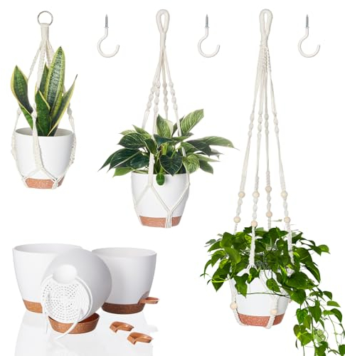 Bamworld Makramee Blumenampel Blumentopf Hängend Außen Innen (Mit 3 Töpfen) Balkondeko Hängeampel Balkon Deko Aesthetic Room Decor Boho