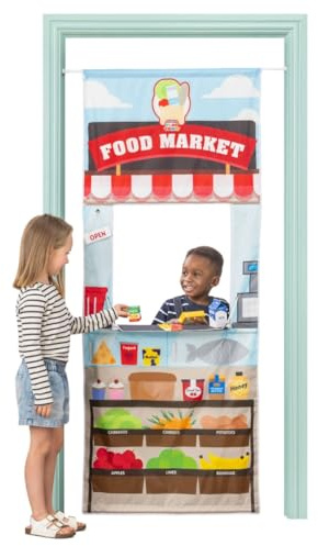Pop Up Play Town Hanging Doorway Food Market, Kids Role Play Toys with Curtain and Tension Rod for Kids 3-7