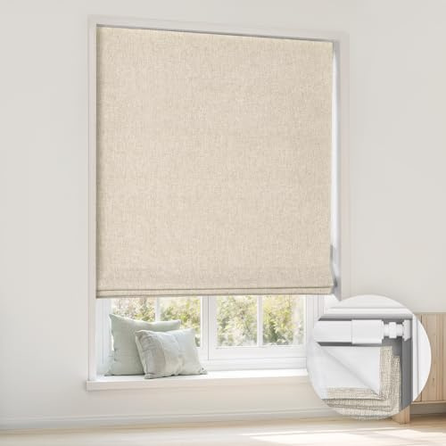 LazBlinds No Tools No Drill Cordless Roman Shades for Windows, Blackout Thermal Insulated UV Blocking Window Blinds, Room Darkening Fabric Blinds for Indoor Windows, 34'' W x 64'' H, Beige