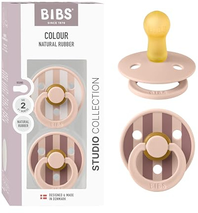 BIBS Pacifiers - Colour Studio 2 Pack | Round Nipple Baby Pacifier | BPA Free Natural Rubber Latex Soother | Made in Denmark | Size 6+ Months | Block Blush