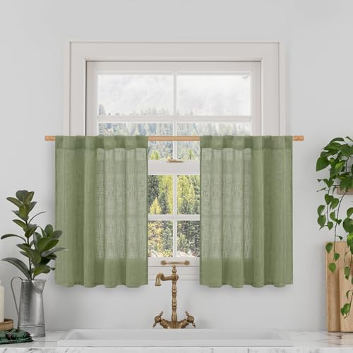 LAMIT Tende corte per finestre in lino, lunghe 76 cm, 2 pannelli, verde salvia, semi velate, pannelli filtranti per la luce posteriore e tasca per asta, tende neutre per cantina/piccole finestre, 86 x
