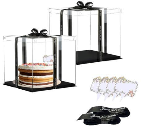 Vebetter Paquete 2 cajas transparentes elegantes y simples para tartas 18x18x18 cm con base negra, cinta, tarjeta postre cumpleaños