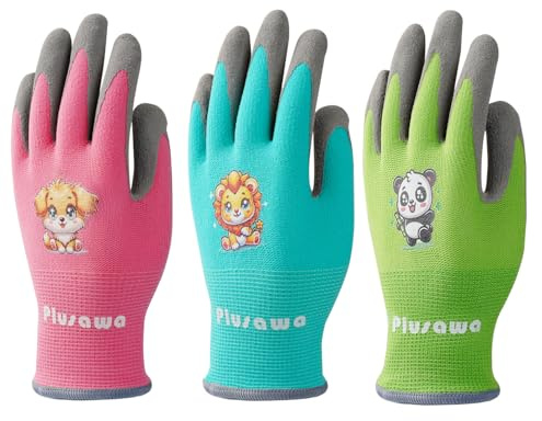 Plusawa barnhandskar, anti-skärning, nylon + spandex handskkärna, halkfri och reptålig, bekväm och andas. Lämplig för barn utomhusaktiviteter, 3 par paket, M