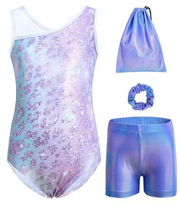 Tstiti Gymnastics Leotards for Girls 4-Piece Outfit with Storage Bag Scrunchie & Shorts Set for Toddler/Kids 3-12 Years Blue purple 9-10 Years