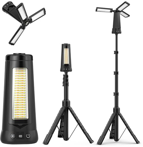 Adewalk 15000 mAh Foco LED Recargable con Trípode, 5500 LM Foco Exterior Batería, Luz Recargable Portátil Impermeable IP65, 5 Modos Lámpara de Trabajo Ajustable para Construcción Taller Camping