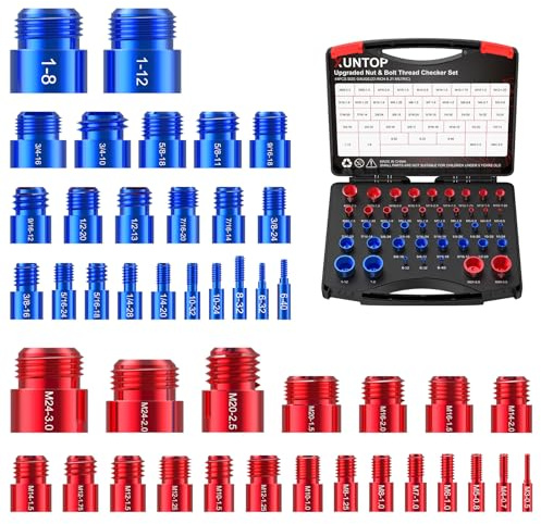 XUNTOP Set Controllo Filettatura Dadi e Bulloni 44 Pezzi(23 Pollici+21 Metrici) Misuratore Filettature Dadi Bulloni e Viti a Doppio Codice Colore per Meccanici Tecnici Elettricisti Garage Camion e DIY