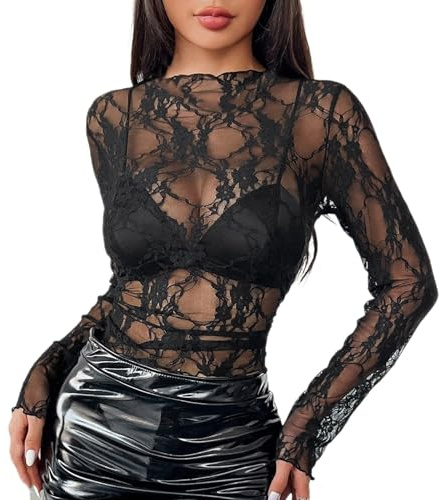 Maglietta Donna Trasparente Elegante Curvy Maglia Pizzo Aderente Elasticizzato Mesh Top Sexy Girocollo Sottogiacca Pizzo Manica Lunga Clubwear T-Shirt In Tulle Feste Camicia Velato Blusa In Rete