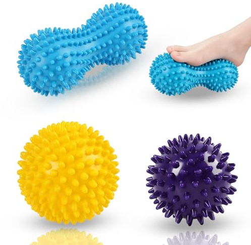 3PCS Bolas de Masaje Multifuncionales con Pinchos para Rehabilitación Muscular, Alivio de Fascitis Plantar y Masoterapia en Manos, Pies, Hombros y Cervicales, Material Ecológico